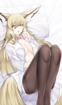 1girl absurdres animal_ear_fluff animal_ears arknights bed_sheet black_pantyhose blonde_hair braid breasts casual cleavage collarbone collared_shirt commentary dated_commentary english_commentary facial_scar feet_out_of_frame fine_fabric_emphasis fingernails fox_ears fox_girl fox_tail hair_between_eyes hand_up head_on_pillow highres large_breasts long_hair long_sleeves looking_to_the_side naked_shirt no_bra on_bed open_clothes open_mouth open_shirt orange_eyes pantyhose pillow samip scar scar_on_cheek scar_on_face shirt sidelocks single_braid slit_pupils solo sunlight tail tattoo_choker teeth upper_teeth_only vulpisfoglia_(arknights) white_shirt yellow_tail