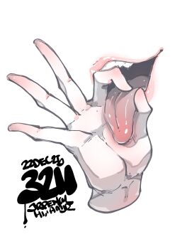 1girl absurdres artist_name commentary dated disembodied_hand disembodied_mouth english_commentary fellatio_gesture hand_focus highres jrpencil open_mouth original simple_background smile solo teeth tongue tongue_out upper_teeth_only white_background