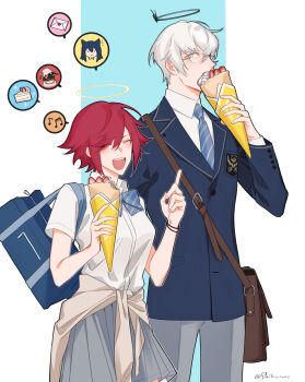 1boy 1girl ^_^ alternate_costume animal_ears arknights bag blazer blue_bow blue_eyes blue_necktie bow bowtie cake closed_eyes clothes_around_waist commentary_request cowboy_shot crepe eating emperor_(arknights) executor_(arknights) exusiai_(arknights) food fruit glasses grey_pants grey_skirt halo highres holding holding_food index_finger_raised jacket jacket_around_waist multiple_girls necktie open_mouth pants pleated_skirt red_hair school_bag school_uniform shikiri shirt short_hair short_sleeves shoulder_bag skirt smile spoken_character spoken_food strawberry striped_clothes striped_necktie texas_(arknights) twitter_username two-tone_background white_hair white_shirt wolf_ears