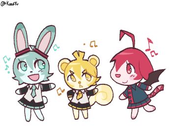 3girls :< ahoge akita_neru animal_crossing animal_ears bat_wings blue_eyes blue_fur collared_shirt detached_sleeves dog_ears dog_girl full_body furrification furry hand_on_own_hip hatsune_miku kasane_teto kasane_teto_(utau) koasku long_sleeves multiple_girls musical_note necktie nintendo open_mouth pink_fur pleated_skirt rabbit_ears rabbit_girl red_eyes shirt skirt sleeveless sleeveless_shirt smile squirrel_ears squirrel_girl squirrel_tail tail thick_eyebrows utau vocaloid wings yellow_eyes yellow_fur