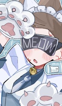 ... 1boy ? alternate_costume animal_collar animal_ears animal_hands animification bell blue_shirt blush brown_hair cat_ears collar collared_shirt commentary crossdressing crossdressing_(mtf) dorodorolengi eddsworld enmaided fake_animal_ears fang future_tom_(eddsworld) gloves head-mounted_display highres jingle_bell looking_at_viewer maid maid_headdress male_focus male_maid mimukauwa_nice_try_(vocaloid) open_mouth paw_gloves paw_pose shirt short_hair skin_fang solo speech_bubble spiked_hair spoken_ellipsis spoken_question_mark sweatdrop tom_(eddsworld) upper_body vest white_vest