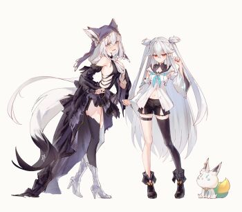 2girls absurdres ahoge animal_ear_fluff animal_ears aqua_eyes asymmetrical_legwear bare_shoulders black_boots black_dress black_ribbon black_shorts black_sleeves black_tail black_thighhighs blue_neckerchief blush boots braid breasts commentary cosplay costume_switch crossed_bangs detached_sleeves double-parted_bangs dress extra_ears fox_ears fox_girl fox_tail front_slit full_body grey_hair grey_thighhighs hair_between_eyes hair_ribbon halter_dress halterneck hand_up high-low_dress high_heel_boots high_heels highres hololive hood hooded_vest hoodie hyde_(tabakko) long_hair looking_at_viewer low-tied_long_hair low_ponytail mismatched_legwear multicolored_tail multiple_girls naila_(shirakami_fubuki) navel neckerchief open_mouth pentagram pointy_ears ponytail red_eyes ribbon sailor_collar shirakami_fubuki shirakami_fubuki_(1st_costume) short_shorts shorts side_braid sideboob sideless_dress sidelocks silver_boots simple_background single_braid single_thighhigh sleeveless sleeveless_dress small_breasts sukonbu_(shirakami_fubuki) symbol-only_commentary tail thigh_strap thighhighs twintails two_side_up veil very_long_hair vest virtual_youtuber white_background white_boots white_hair white_hoodie white_sleeves white_tail white_thighhighs wide_sleeves