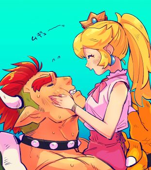 1boy 1girl ^_^ aqua_background black_collar blonde_hair bow bowser bowtie carrying carrying_person claws clenched_teeth closed_eyes collar crown earrings flying_sweatdrops gold_crown green_hair highres horns humanization jewelry light_blush long_hair mario_(series) multicolored_hair muscular muscular_male nintendo pink_bow pink_bowtie pink_shirt pink_skirt pointy_ears ponytail princess_peach puffy_cheeks red_hair shell shirt short_hair sidelocks size_difference skirt sphere_earrings spiked_collar spikes sweat teeth translated two-tone_hair yowasabimechaoc