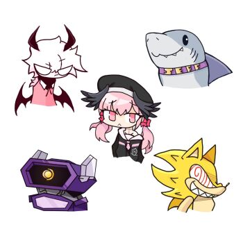 1girl 4boys acrokris angel_wings blue_archive commentary_request fleetway_super_sonic friday_night_funkin&#039; horns jeff_(marvel) koharu_(blue_archive) marvel multiple_boys multiple_others robot selever_(friday_night_funkin&#039;) self-upload sharp_teeth shockwave_(transformers) sonic_(series) sonic_the_hedgehog super_sonic teeth transformers video_game white_background wings