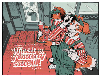 2boys animal_ears burger commentary commentary_request dog_boy dog_ears dog_tail drooling english_commentary fang food french_fries furry furry_male grin holding holding_notepad holding_tray joseph_(smell) looking_at_food looking_at_viewer male_focus multiple_boys nagabe noi_(smell) notepad overalls pawpads saliva signature smell_(nagabe) smile tail tray