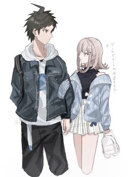 Rule 34 | 1boy, 1girl, ahoge, bare shoulders, black pants, brown hair, commentary request, danganronpa (series), danganronpa 2: goodbye despair, dontsu (illu5i0ns), grabbing another's arm, hair ornament, highres, hinata hajime, hood, hood down, hoodie, jacket, long sleeves, medium hair, nanami chiaki, off shoulder, official alternate costume, open clothes, open jacket, pants, pleated skirt, shirt, short hair, simple background, skirt, translation request, white hoodie