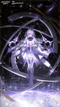 Rule 34 | 1girl, absurdres, commentary, dress, earrings, english commentary, full body, grey hair, hair intakes, hair ornament, hair over one eye, halo, highres, id card, jacket, jewelry, logo, long hair, mornye (wuthering waves), official art, purple dress, red eyes, see-through body, solo, triangle earrings, white jacket, wuthering waves