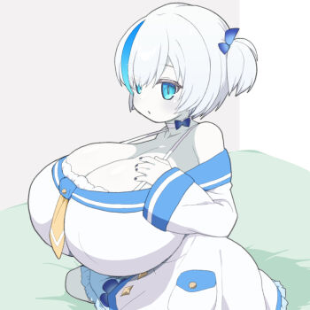 1girl azur_lane bare_shoulders bed_sheet black_nails blue_bow blue_eyes blue_streaks bow bow_choker breasts choker cleavage collarbone colored_skin dress from_side gigantic_breasts hair_over_one_eye hand_on_own_chest hand_up looking_at_viewer looking_to_the_side multicolored_hair nail_polish on_bed oppai_loli parted_bangs parted_lips pocket shirogane_hakuba short_hair sitting slit_pupils solo strap_gap streaked_hair tb_(azur_lane) two_side_up white_choker white_dress white_hair white_skin wide_sleeves