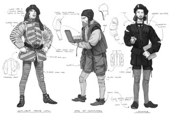 3boys absurdres beard beret commentary computer diagram english_commentary english_text facial_hair full_body greyscale hat highres holding holding_laptop jacket laptop long_hair male_focus monochrome multicolored_jacket multiple_boys outline pantyhose two-tone_jacket whaleoil white_background