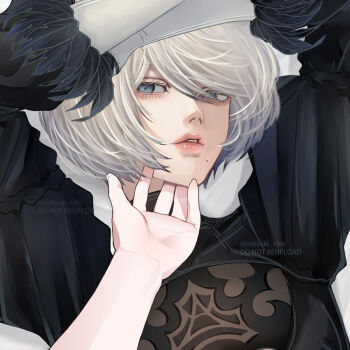 Rule 34 | 1girl, 2b (nier:automata), arm up, black dress, black gloves, blindfold, breasts, cleavage cutout, clothing cutout, commentary, covered eyes, cowboy shot, dress, facing viewer, feather-trimmed sleeves, gloves, gluteal fold, grey hair, groin, highres, juliet sleeves, leotard, leotard under clothes, long sleeves, medium breasts, mitsuki nite, mole, mole under mouth, nier:automata, nier (series), parted lips, puffy sleeves, short hair, side slit, simple background, solo, standing, sword, twitter username, virtuous treaty, weapon, white background, white leotard