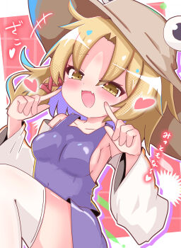 Rule 34 | +++, 1girl, absurdres, bare shoulders, blonde hair, blush, breasts, brown hat, commentary request, detached sleeves, fang, furrowed brow, hat, heart, heart in eye, highres, looking at viewer, medium breasts, mesugaki, moriya suwako, open mouth, pointing, pointing at self, seputok0904, short hair, sideboob, skin fang, smile, solo, symbol in eye, thighhighs, touhou, translation request, white thighhighs, yellow eyes, zako (phrase)