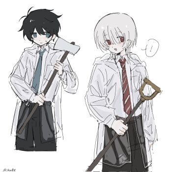 2boys akinashi_haru axe black_hair blue_necktie coat commentary_request cowboy_shot guzi15613491 highres holding holding_axe holding_shovel male_focus multiple_boys necktie open_clothes open_coat pants raincoat red_eyes red_necktie saihate_eki see-through_clothes see-through_raincoat short_hair shovel simple_background tatsunami_shion white_background white_hair