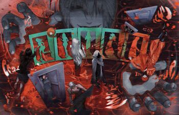 Rule 34 | 1girl, 6+boys, adashino adami, chinese commentary, cloak, colored skin, commentary request, door, east-lan, everyone, giant, grey hair, grey skin, hair over one eye, highres, hollow eyes, homicipher, homicipher text, hood, hooded cloak, mr. chopped, mr. crawling, mr. gap, mr. hood, mr. hugeface, mr. machete, mr. scarletella, mr. silvair, mr. stitch, multiple boys, partially submerged, red water, short hair