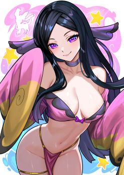 1girl bare_shoulders black_hair breasts choker collarbone commentary english_commentary gen_6_pokemon highres jewelry long_hair looking_at_viewer mixed-language_commentary navel nintendo parted_bangs patreon_username pelvic_curtain pokemon pokemon_x_and_y purple_eyes redjet silhouette sleeves_past_fingers sleeves_past_wrists smile solo star_(symbol) sylveon thighlet thighs valerie_(pokemon) watermark web_address