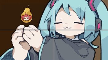 2girls :3 blue_hair food fruit hatsune_miku highres kasane_teto meme multiple_girls nikamoka pear pearto pope_francis_holding_things_(meme) spinning stitched third-party_edit vocaloid