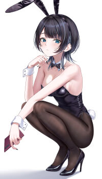 Rule 34 | 1girl, absurdres, animal ear hairband, animal ears, bare arms, bare shoulders, black bow, black bowtie, black hair, black hairband, black leotard, black nails, black pantyhose, black shoes, blue eyes, blush, bow, bowtie, breasts, cellphone, check copyright, closed mouth, commentary, copyright request, detached collar, ear piercing, earrings, fake animal ears, fingernails, hairband, high heels, highres, holding, holding phone, jewelry, leotard, long fingernails, medium breasts, nail polish, original, pantyhose, phone, piercing, playboy bunny, pumps, rabbit ear hairband, rabbit ears, rama (yu-light8), shoes, short hair, smartphone, solo, squatting, stiletto heels, untranslatable commentary, wrist cuffs