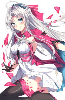 1girl absurdres ahoge aqua_eyes black_boots black_gloves boots bow breasts carlotta_(wuthering_waves) closed_mouth commentary dress gloves grey_hair hair_bow high_heel_boots high_heels highres jacket long_hair looking_at_viewer medium_breasts parted_bangs pink_bow pink_jacket pink_thighhighs redqueen simple_background smile solo striped_bow thigh_boots thighhighs thighhighs_under_boots thighs white_background white_dress wuthering_waves