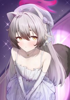 1girl :< absurdres ahoge animal_ears bare_shoulders bell blue_archive blush breasts choker closed_mouth collarbone commentary dress earrings elbow_gloves extra_ears glint gloves gradient_hair grey_hair hair_between_eyes halo hat highres jewelry jingle_bell long_hair looking_at_viewer michiru_(blue_archive) michiru_(dress)_(blue_archive) multicolored_hair nomi_(gpjg7877) official_alternate_costume own_hands_together pink_halo print_dress purple_background raccoon_ears raccoon_girl raccoon_tail shuriken_earrings small_breasts solo sparkle tail v_arms very_long_hair white_choker white_dress white_gloves yellow_eyes