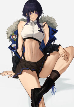 1girl abs absurdres ankle_boots bare_shoulders black_boots black_hair black_jacket black_skirt black_socks black_suspenders boots breasts clothes_pull collared_shirt commentary_request cropped_shirt crossed_bangs earrings fingernails foot_out_of_frame highres ichinose_uruha jacket jacket_pull jewelry knee_up lips long_hair looking_at_viewer madoro_q medium_breasts midriff multicolored_hair navel parted_lips pleated_skirt purple_eyes purple_hair shadow shirt sitting skirt smile socks solo stud_earrings thighs two-tone_hair virtual_youtuber vspo! white_background white_shirt wolf_cut