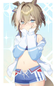 1girl anchor_hair_ornament animal_ears bikini bikini_shorts blue_bikini blue_shorts blue_swim_trunks blush border braid cheval_grand_(summer_calm_navy_drop)_(umamusume) cheval_grand_(umamusume) closed_mouth commentary_request cowboy_shot ear_ornament floral_print floral_print_bikini hair_ornament half_up_braid half_up_half_down_braid hands_on_own_cheeks hands_on_own_face highres horse_ears horse_girl horse_tail jacket looking_at_viewer navel official_alternate_costume official_alternate_hairstyle open_clothes open_jacket outside_border p_changgun print_bikini short_hair short_hair_with_long_locks short_shorts shorts sidelocks solo swimsuit tail thighs umamusume white_border white_jacket white_streaks