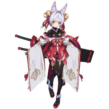 1girl 3d animal_ear_fluff animal_ears bell black_bodysuit blunt_bangs bodystocking bodysuit bodysuit_under_clothes breasts closed_mouth einz_zwei fox_ears fox_girl full_body grey_hair hair_bell hair_intakes hair_ornament highres huge_weapon japanese_clothes jingle_bell katana kimono latex latex_bodysuit long_sleeves looking_at_viewer medium_breasts miko monotail_(vrchat) off_shoulder orange_eyes pleated_skirt red_skirt ribbon_trim sheath sheathed shiny_clothes short_hair simple_background skin_tight skirt sleeves_past_wrists smile solo standing standing_on_one_leg sword tachi-e thigh_gap transparent_background unity_(medium) vrchat weapon weapon_on_back white_background white_hair wide_sleeves yellow_eyes