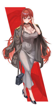 Rule 34 | 1girl, absurdres, alternate costume, black bra, black choker, borrowed clothes, bra, bra peek, breasts, choker, closed mouth, collarbone, commentary request, covered navel, dongtan dress, dress, full body, goddess of victory: nikke, grey dress, highres, jacket, large breasts, long hair, military jacket, official alternate design, official alternate hair color, rapi (nikke), rapi (red hood) (nikke), red eyes, red hair, smile, solo, taut clothes, taut dress, tight clothes, tight dress, underwear, wonfle10