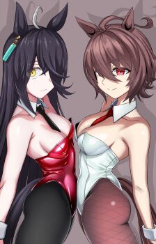 Rule 34 | 2girls, agnes tachyon (umamusume), ahoge, animal ears, arched back, arms at sides, bare arms, bare shoulders, between breasts, black hair, black necktie, black pantyhose, breasts, brown hair, brown pantyhose, closed mouth, commentary request, cowboy shot, detached collar, earrings, empty eyes, fishnet pantyhose, fishnets, from side, hair between eyes, hair over one eye, highres, horse ears, horse girl, horse tail, jewelry, leotard, long hair, looking at viewer, manhattan cafe (umamusume), medium breasts, multicolored hair, multiple girls, necktie, necktie between breasts, pantyhose, red eyes, red leotard, red necktie, shiny clothes, short hair, smile, strapless, strapless leotard, tail, two-tone hair, umamusume, very long hair, white hair, white leotard, white wrist cuffs, wrist cuffs, yellow eyes, zasshu nigou