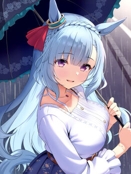 1girl amenu_415 animal_ears blue_hair blue_skirt bow breasts collarbone commentary_request ear_ribbon floral_print floral_print_skirt highres holding holding_umbrella horse_ears horse_girl horse_tail jewelry large_breasts long_hair long_sleeves looking_at_viewer mejiro_ardan_(casual)_(umamusume) mejiro_ardan_(umamusume) necklace open_mouth print_skirt purple_eyes rain red_ribbon ribbon shirt skirt smile solo tail umamusume umbrella white_shirt
