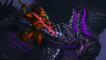 alien antennae battle black_scales colored_skin crossover dragon fake_horns gauntlets glowing_veins gore_magala highres holding holding_polearm holding_weapon horns jumping monster_hunter_(series) no_eyes no_humans orange_skin polearm predator_(character) predator_(series) tacuyanjun weapon
