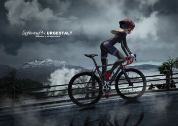 1girl bicycle bicycle_helmet blonde_hair bodysuit breasts commentary_request cycling_uniform helmet high_heels hitomi_kazuya long_hair mountain original outdoors riding riding_bicycle small_breasts solo