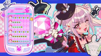 Rule 34 | 1girl, absurdres, bad link, black gloves, black hat, bow, chat log, checkered background, detached collar, emoji, facial mark, game cg, gloves, glowstick, hair intakes, hat, heart, heart facial mark, highres, holding, holding microphone, honkai: star rail, honkai (series), letterboxed, livestream, long hair, looking at viewer, microphone, official art, one eye closed, open mouth, phone, pink bow, purple eyes, red sailor collar, red shirt, sailor collar, shirt, smile, solo, sparkle (honkai: star rail), sparxie (honkai: star rail), striped bow, top hat, twintails, white hair
