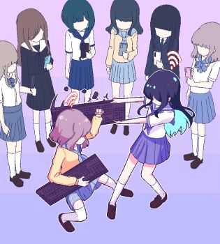 6+girls aqua_hair arm_at_side black_hair black_jacket black_serafuku black_shirt black_skirt black_suit blazer blocking blue_hair blue_neckerchief blue_sailor_collar blue_skirt blunt_bangs bob_cut breaking broken brown_footwear brown_hair cardigan cellphone chibikki colored_inner_hair commentary computer_keyboard dithered_background dithering dress_shirt duel english_commentary faceless faceless_female fighting fighting_stance formal_clothes gradient_background highres hitting holding holding_computer_keyboard holding_phone jacket kneehighs light_brown_hair loafers long_hair long_sleeves medium_hair multicolored_hair multiple_girls nanako_(chibikki) neck_ribbon neckerchief original phone pink_background pixel_art plaid_clothes plaid_skirt pleated_skirt purple_background recording ribbon sailor_collar school_uniform serafuku shirt shoes short_hair short_sleeves simple_background skirt smartphone socks squatting standing suit summer_uniform symbolism textless_version thighhighs two-tone_background two-tone_hair white_sailor_collar white_shirt white_socks white_thighhighs wi-fi_symbol yellow_cardigan
