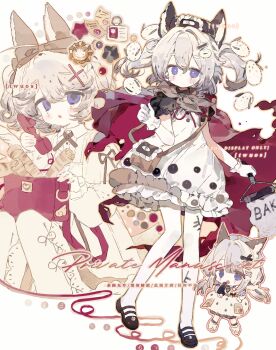 1girl animal_ears bag blush brown_scarf brown_shoes cape chibi chibi_inset closed_mouth commission dot_mouth dot_nose dress fake_animal_ears frills full_body gloves gradient_hair grey_hair hair_between_eyes hair_intakes hair_ornament highres holding holding_phone looking_at_viewer messenger_bag mihuashi_commission mole mole_under_eye multicolored_hair multiple_views original phone puffy_short_sleeves puffy_sleeves purple_eyes red_cape scarf shoes short_sleeves shoulder_bag sidelocks two_side_up twuos watermark white_background white_gloves