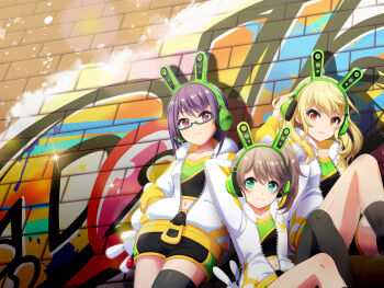 against_wall animal_ear_headphones animal_ears arms_behind_head asymmetrical_legwear black_pantyhose black_shorts black_socks black_thighhighs blonde_hair breasts brick_wall brown_hair closed_mouth collarbone fake_animal_ears glasses graffiti green-framed_eyewear green_eyes hands_in_pockets headphones high_side_ponytail highres hiyo_(project_tokyo_dolls) hood hooded_jacket jacket knee_up long_sleeves looking_at_viewer medium_breasts medium_hair midriff nanami_(project_tokyo_dolls) navel orange_eyes pantyhose partially_unzipped ponytail project_tokyo_dolls purple_eyes purple_hair rabbit_ear_headphones rabbit_ears reina_(project_tokyo_dolls) semi-rimless_eyewear short_hair short_ponytail shorts single_thighhigh sitting small_breasts smile socks streetwear thighhighs under-rim_eyewear white_jacket zipper_pull_tab