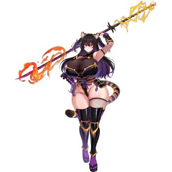 1girl animal_ear_fluff animal_ears armor armpits black_hair black_leotard breasts bursting_breasts cleavage closed_mouth double_blade electricity fire fishnet_sleeves fishnet_thighhighs fishnets flaming_sword flaming_weapon full_body fur-trimmed_armor fur_trim geta gigantic_breasts gold_trim hair_between_eyes highleg highleg_leotard highres holding holding_sword holding_weapon japanese_armor japanese_clothes kaenuco kote kunoichi_shiden kurokote kusazuri last_origin leotard long_hair looking_at_viewer mole mole_on_breast mole_on_thigh multicolored_hair ninja non-web_source official_alternate_costume official_art purple_hair red_eyes simple_background single_thighhigh skindentation solo standing suneate sword tabi tail thick_thighs thighhighs thighs tiger_ears tiger_girl tiger_tail transparent_background two-tone_hair two_side_up v-shaped_eyebrows weapon