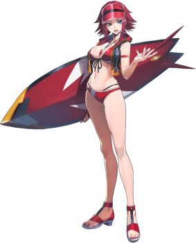 1girl bare_legs bare_shoulders bikini blue_eyes blush breasts cleavage code_geass code_geass:_genesic_re;code full_body highres holding kouzuki_kallen large_breasts looking_at_viewer midriff official_art open_mouth red_bikini red_hair sandals short_hair simple_background smile solo swimsuit transparent_background