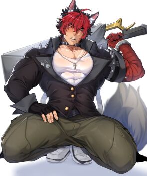 1boy abs absurdres ahoge animal_ear_fluff animal_ear_piercing animal_ears bandaged_arm bandages black_gloves black_hair black_jacket blurry blurry_background bulge bursting_pectorals cargo_pants collar collarbone commentary crossed_bangs dog_boy dog_ears dog_tail english_commentary fartingdoggi fingerless_gloves full_body gloves green_pants hair_between_eyes hand_on_own_leg highres holding holding_behind_back holding_sword holding_weapon holding_weapon_behind_back impossible_clothes impossible_shirt jacket jewelry komano_manato leaf_in_mouth looking_at_viewer male_focus multicolored_hair multiple_scars muscular muscular_male necklace open_mouth pants pectorals red_bandage red_eyes red_hair scar scar_across_eye scar_on_chest scar_on_face see-through_clothes see-through_shirt shirt shoes short_hair simple_background single_glove solo spiked_jacket spread_legs squatting sweat sword tail weapon white_background white_shirt white_shoes zenless_zone_zero