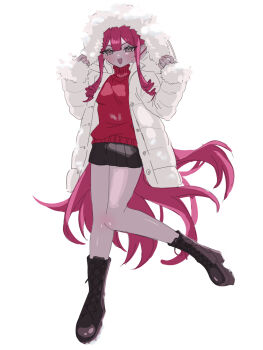 1girl 590kogure590 baobhan_sith_(fate) black_boots blush boots coat fate/grand_order fate_(series) grey_eyes highres long_hair looking_at_viewer miniskirt open_clothes open_coat open_mouth pointy_ears red_hair red_shirt shirt skirt smile solo very_long_hair white_coat