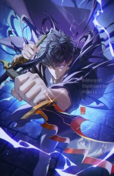 1boy absurdres black_hoodie brick_floor closed_mouth dagger daniel_deng electricity energy feet_out_of_frame floor glowing glowing_eyes hair_over_one_eye highres holding holding_dagger holding_knife holding_weapon hood hoodie knife long_sleeves looking_at_viewer male_focus reaching reaching_towards_viewer reflection short_hair signature solo solo_leveling sung_jin-woo twitter_username weapon