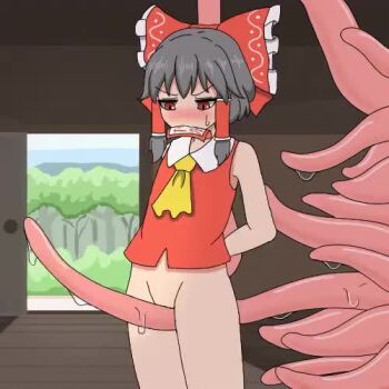 1girl animated arms_behind_back ascot black_hair blush bottomless bow closed_eyes closed_mouth clothed_sex female_orgasm flat_chest forced_orgasm hair_bow hair_tubes hakurei_reimu half_updo kigan'eiji looping_animation lowres medium_hair monster nontraditional_miko ofuda orgasm pussy_juice pussyjob red_bow red_eyes restrained ribbon-trimmed_sleeves ribbon_trim shirt sidelocks sleeveless sleeveless_shirt solo tagme talisman tentacles thigh_sex touhou video yellow_ascot