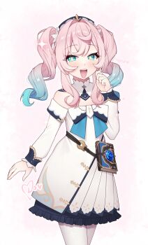 1girl :d absurdres alternate_costume aqua_eyes asymmetrical_clothes asymmetrical_dress barbara_(genshin_impact) barbara_(genshin_impact)_(cosplay) blue_hair blush book bow bowtie bright_pupils commentary company_connection cosplay cowboy_shot cross detached_collar double-parted_bangs dress drill_hair flipped_bangs flipped_sidelocks frilled_dress frills genshin_impact gradient_hair hair_intakes hairstyle_connection hand_up heart highres honkai:_star_rail honkai_(series) hyacine_(honkai:_star_rail) hydro_symbol_(genshin_impact) latin_cross long_hair long_sleeves looking_at_viewer lovdere mihoyo multicolored_hair off-shoulder_dress off_shoulder open_mouth pantyhose pink_background pink_hair pleated_dress short_dress simple_background sleeve_cuffs smile solo sparkle standing star_(symbol) star_in_eye symbol_in_eye twin_drills twintails two-tone_hair vision_(genshin_impact) white_bow white_bowtie white_dress white_pantyhose yellow_pupils