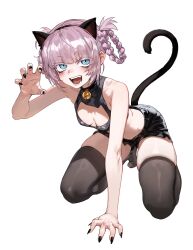 Rule 34 | 1girl, absurdres, animal ears, black nails, black shorts, black thighhighs, blue eyes, braided hair rings, breasts, cat cutout, cat ears, cat tail, cleavage cutout, clothing cutout, fake animal ears, fake tail, fangs, foolish potato, hair rings, highres, nanakusa nazuna (yofukashi no uta), open mouth, paw pose, purple hair, ringed eyes, shorts, simple background, small breasts, solo, tail, thighhighs, white background, yofukashi no uta