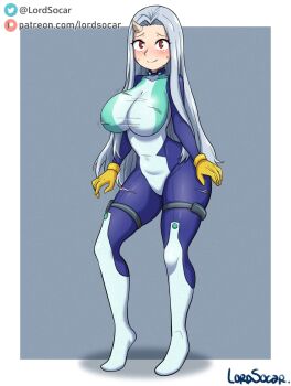 1girl aged_up artist_name blue_bodysuit blush bodysuit boku_no_hero_academia boots breasts closed_mouth cosplay covered_collarbone eri_(boku_no_hero_academia) fake_(lord_socar) female_focus gloves green_bodysuit hado_nejire hado_nejire_(cosplay) highres horns large_breasts long_hair looking_at_viewer lord_socar lordsocar multicolored_bodysuit patreon_logo patreon_username single_horn skin_tight smile solo standing superhero_costume thick_thighs thigh_strap thighs torn_bodysuit torn_clothes twitter_logo twitter_username watermark web_address wide_hips yellow_gloves