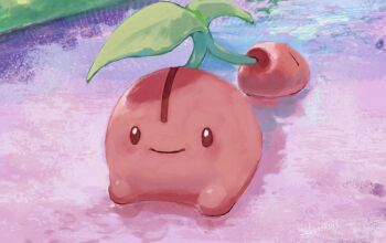 cherry cherubi closed_mouth food fruit full_body gen_4_pokemon leaf nintendo no_humans pokemon pokemon_(creature) pokemon_focus sakuraiisui smile solo