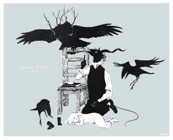 1boy 1girl bird blue_background body_fur book chair child creature dress furry furry_male greyscale horns lying monochrome nagabe on_side seiza sensei_(totsukuni_no_shoujo) shiva_(totsukuni_no_shoujo) short_hair simple_background sitting tail totsukuni_no_shoujo vest