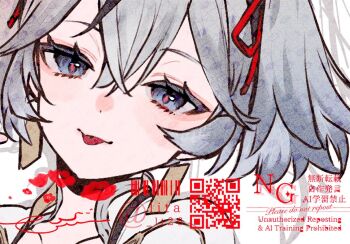 1girl :p adversarial_noise camellya_(wuthering_waves) commentary_request earrings gold_earrings grey_eyes grey_hair hair_between_eyes jewelry lipstick_mark looking_at_viewer lt26 qr_code red_pupils short_hair solo tongue tongue_out watermark wuthering_waves