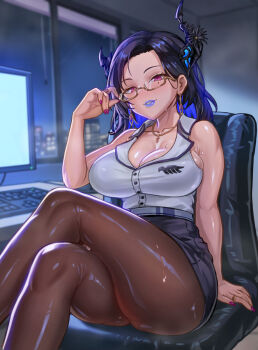 Rule 34 | 1girl, adjusting eyewear, asymmetrical horns, black hair, black horns, blue hair, blue lips, breasts, brown pantyhose, chair, cleavage, commentary, computer keyboard, crossed legs, demon horns, desk, english commentary, freeze-ex, glasses, gold necklace, highres, hololive, hololive english, horns, jewelry, large breasts, lipstick, long hair, looking at viewer, makeup, mole, mole under eye, monitor, multicolored hair, necklace, nerissa ravencroft, nerissa ravencroft (casual), night, office lady, pantyhose, purple lips, red eyes, short hair, sitting, solo, sweat, swivel chair, textless version, two-tone hair, uneven horns, virtual youtuber, window