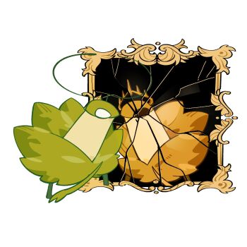 1boy 1other antennae arthropod_boy blank_eyes broken_mirror cogwork_dancers_(hollow_knight) commentary crack different_reflection empty_eyes english_commentary green_prince_(hollow_knight) highres hollow_knight hollow_knight:_silksong insomnine111 looking_at_mirror mantis_boy mirror reflection robot white_background white_eyes