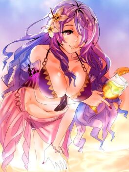 1girl bikini bracelet breasts camilla_(fire_emblem) camilla_(tropical_beauty)_(fire_emblem) cleavage drink fire_emblem fire_emblem_fates fire_emblem_heroes flower hair_flower hair_ornament hair_over_one_eye holding holding_drink jewelry large_breasts licking_lips long_hair nail_polish navel nintendo o-ring o-ring_bikini ocean orange_sky purple_bikini purple_eyes purple_hair purple_nails sarong sky solo sunset swimsuit tongue tongue_out water white_flower