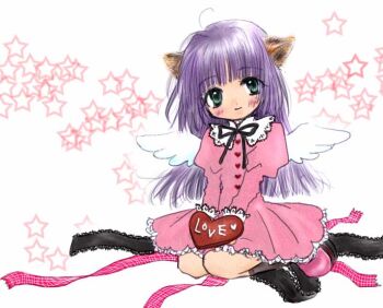 1girl angel_wings animal_ears archived_source bad_link black_ribbon blunt_bangs blunt_ends blush brown_socks buttons closed_mouth commentary contrast_collar dot_nose dress facing_viewer full_body green_eyes head_tilt heart_button juliet_sleeves kikuti_wataru kneehighs lace lace-trimmed_dress lace-trimmed_ribbon lace_trim long_sleeves looking_to_the_side medium_dress original petticoat pink_dress pink_ribbon pink_shoes pink_sleeves puffy_sleeves puritan_collar purple_hair ribbon seiza shoes sitting smile socks solo star_(symbol) star_symbol_background unworn_ribbon white_background white_wings wings